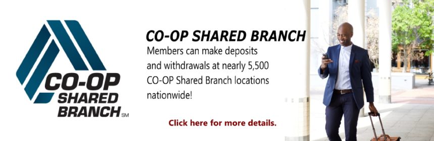 co-op shared branch: Members can make deposits and withdrawals at nearly 5,500 co-op shared branch locations nationwide! Man traveling with suitcase holding cell phone.